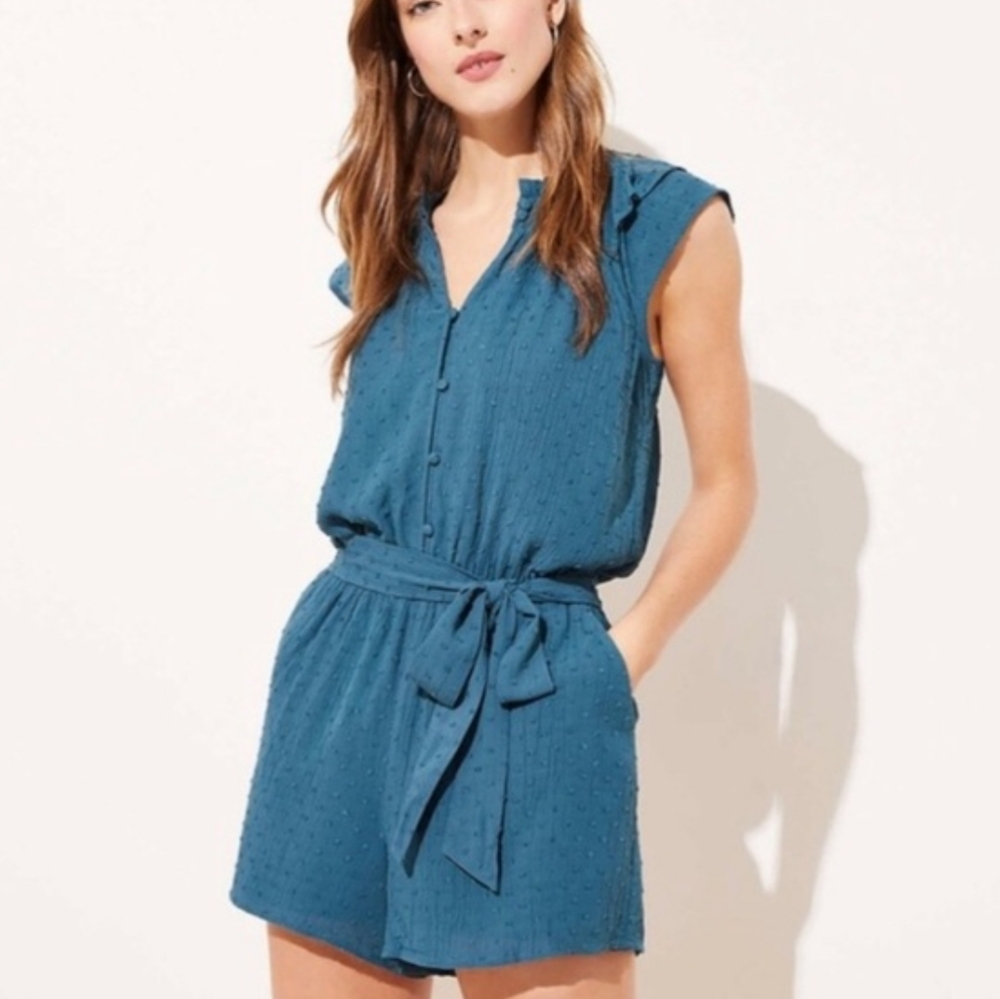 LOFT Clip Dot Romper Teal XS Petite